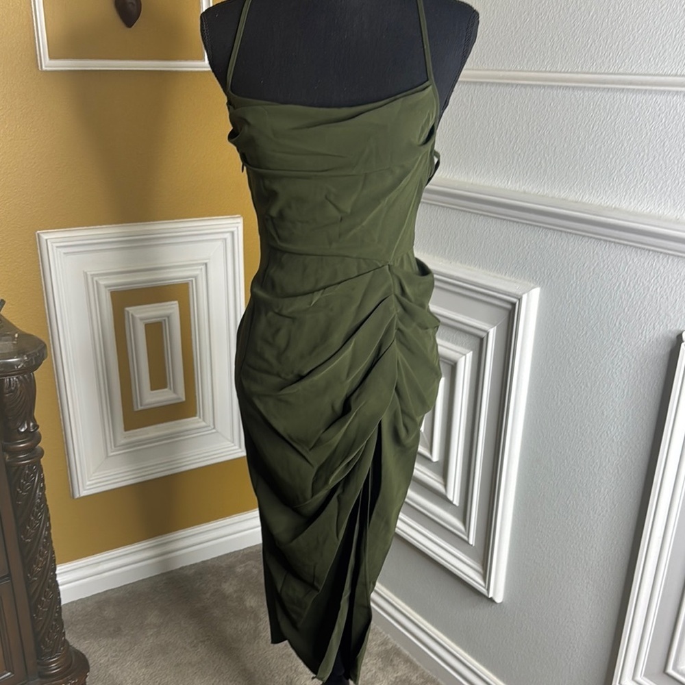 Elegant Olive Green Ruched Dress - Picture 4 of 9